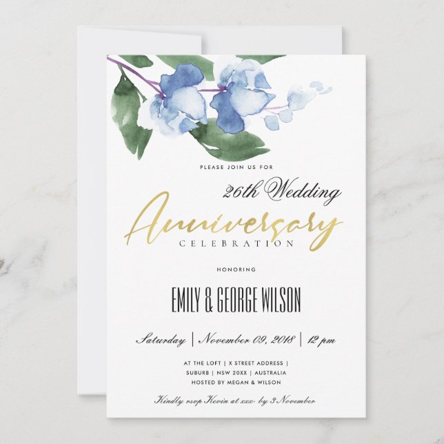 BLAUE GREEN INK WASH WATERCOLOR FLORAL ANNIVERSARY EINLADUNG (Vorderseite)