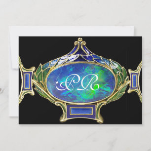 BLAUE GREEN OPAL ,ART NOUVEAU GOLD JEWEL MONOGRAM EINLADUNG