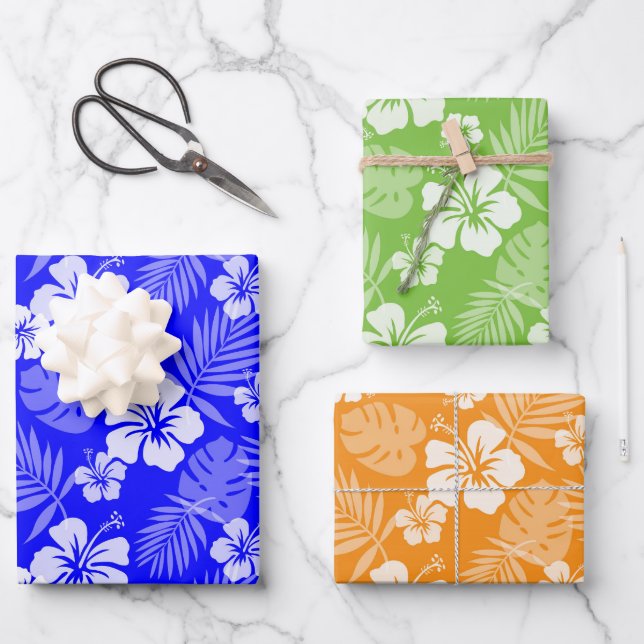 BLAUE GREEN ORANGE TROPICAL HIBISKUS BLUME GESCHENKPAPIER SET (Vorderseite)