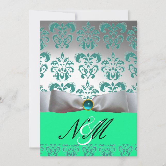 BLAUE GREEN WHITE RIBBON BLACK DAMASK MONOGRAM EINLADUNG (Vorderseite)
