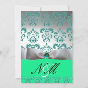 BLAUE GREEN WHITE RIBBON BLACK DAMASK MONOGRAM EINLADUNG