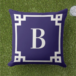 Blaue griechische Schlüsselrand-Monogramm Mitterna Kissen