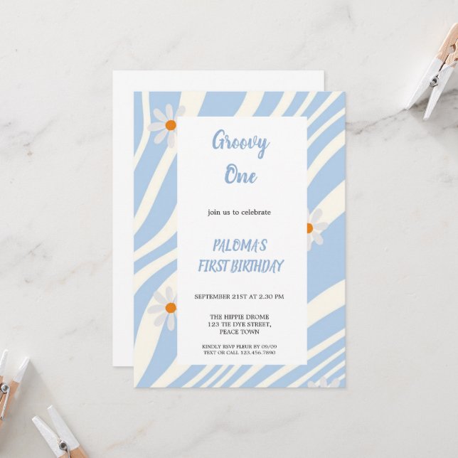 BLAUE GROOVY BIRTHDAY PARTY EINLADUNG (Vorderseite/Rückseite Beispiel)