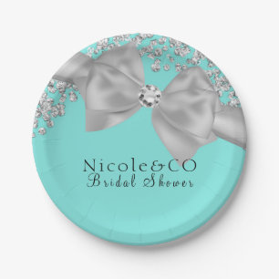 Blaue große weiße Schleife Diamanten Glam Party Pappteller
