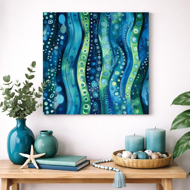 Blaue Grüne Abstrakte Wellen-Wasserfarben-Wandkuns Poster (Blue and green abstract boho waves)