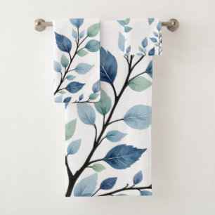Blaue grüne Aquarell-Blatt Botanisches Design 376 Badhandtuch Set