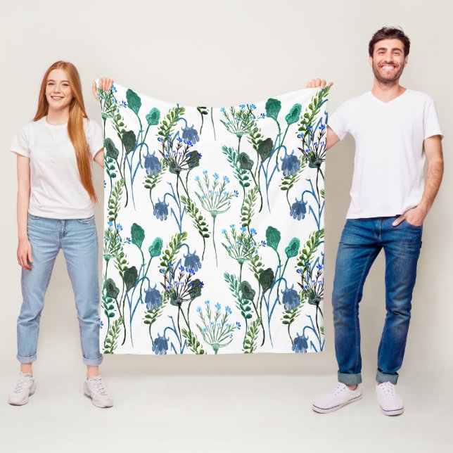 Blaue Grüne Aquarell-Wildblume  Fleecedecke (Beispiel)