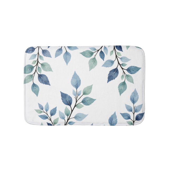 Blaue grüne Aquarellblätter Botanisches Design 376 Badematte (Vorderseite)