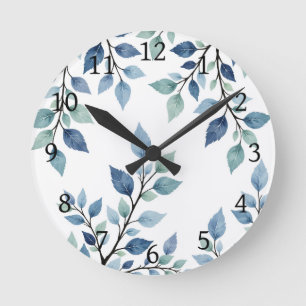 Blaue grüne Aquarellblätter Botanisches Design 376 Runde Wanduhr