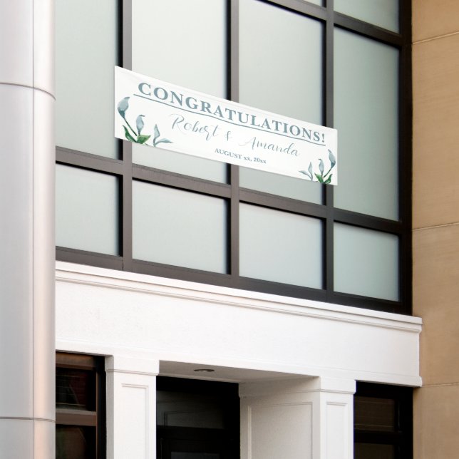 Blaue grüne Blätter Hochzeitsempfang Banner (Äußeres Gebäude)