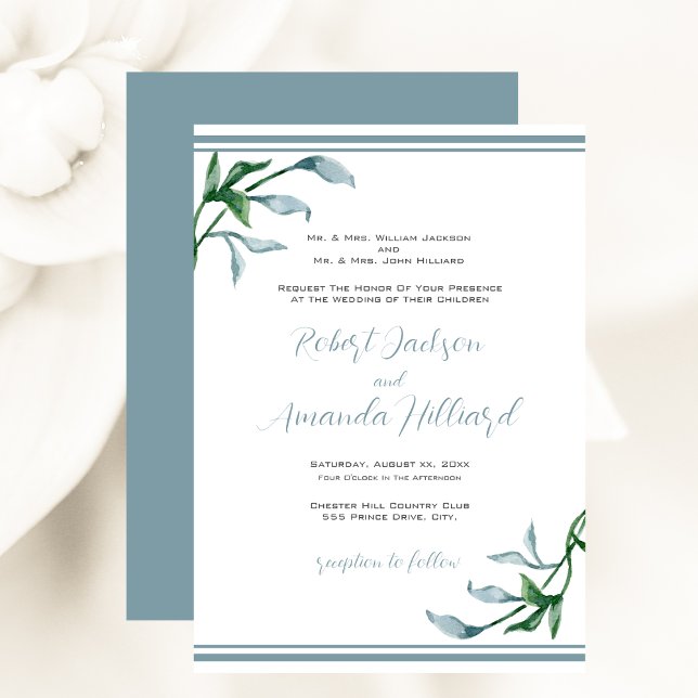 Blaue grüne Blätter Hochzeitsfeiern Einladung (Watercolor Blue Green Leaves Wedding Invitation)