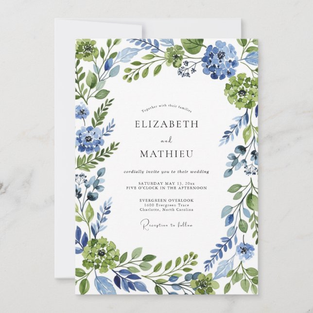 Blaue Grüne Botanische Whimsical-Hochzeit Einladung (Vorderseite)