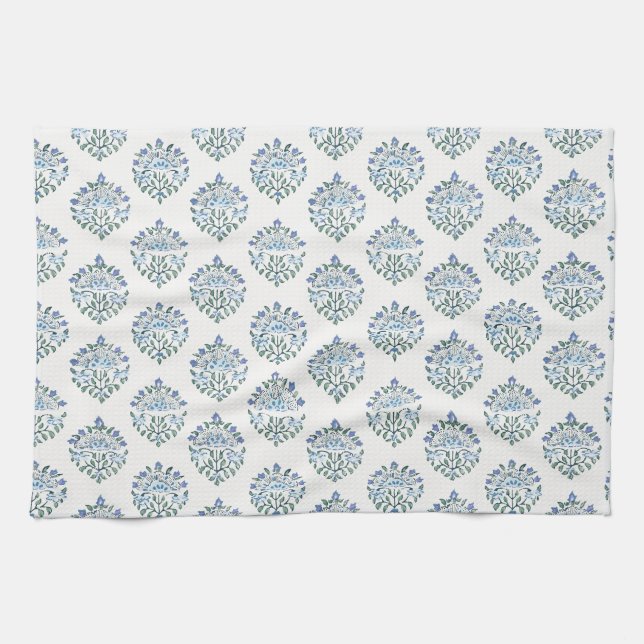 Blaue grüne Handblock-Blume auf Elfenbein Geschirrtuch (Horizontal)
