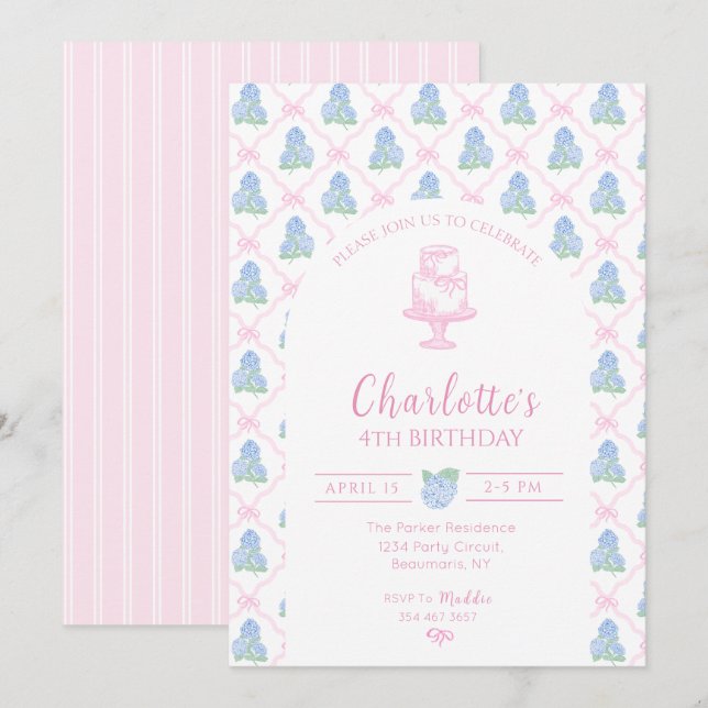 Blaue Grüne Hortensien Rosa Bogen Trellis Einladung (Vorne/Hinten)