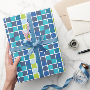 Blaue grüne karierte Geburtstagsquadrate Geschenkpapier