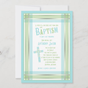 Blaue grüne Karierte katholische Taufe Einladung