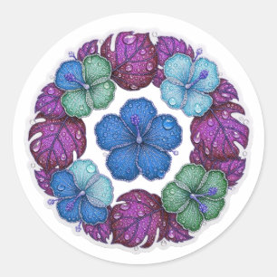 Blaue Grüne Lila Hibiskusblütenblätter und Tautrop Runder Aufkleber