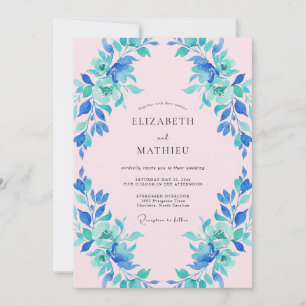 Blaue Grüne Malerische Blütenhochzeit Einladung