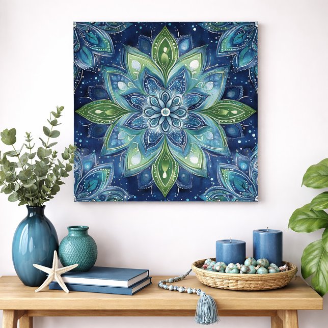 Blaue grüne Mandala-Blumen-Wasserfarben-Kunst Poster (Blue and green mandala art print)