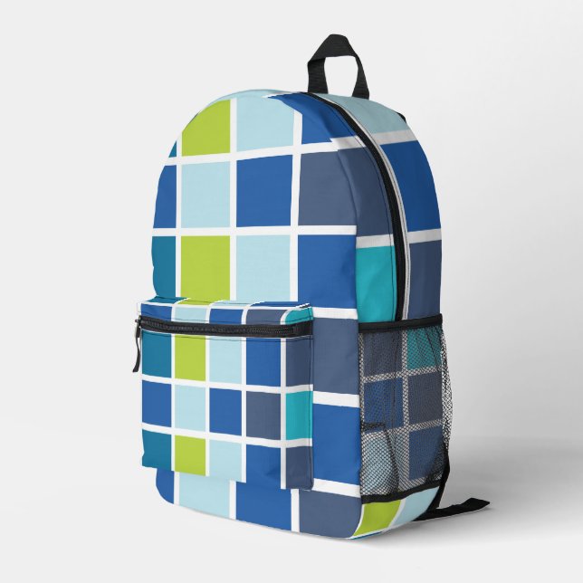 Blaue grüne Quadrate geprüft Bedruckter Rucksack (Rückseitige Ecke Rechts)