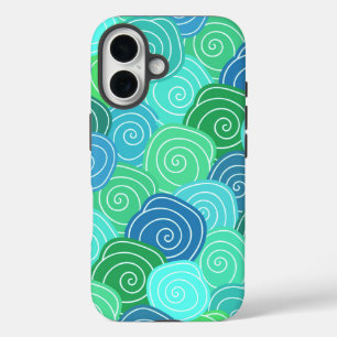 Blaue Grüne Rollende Kreise Muster iPhone 16 Hülle