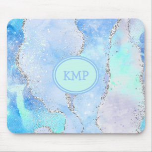 Blaue grüne Silber Glitter Marmor Wirbel Monogramm Mousepad