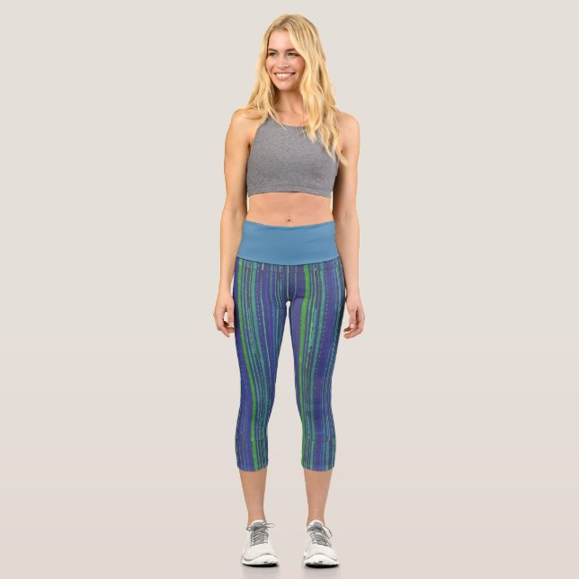 Blaue grüne Streifen Capri Leggings (Vorderseite)
