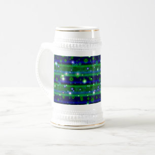 Blaue grüne Streifen mit Sternen und Regentropfen Bierglas