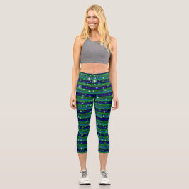 Blaue grüne Streifen mit Sternen und Regentropfen Capri Leggings