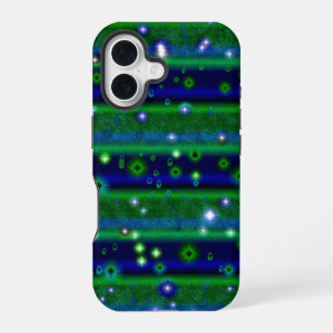 Blaue grüne Streifen mit Sternen und Regentropfen iPhone 16 Hülle