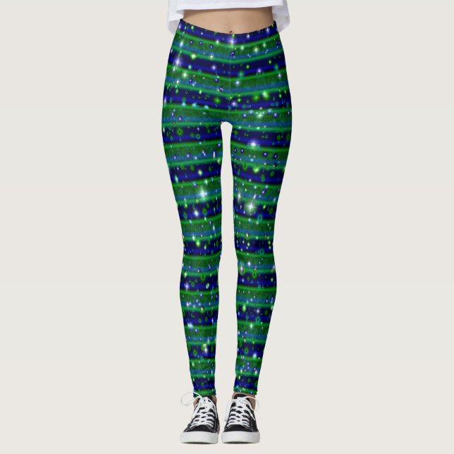 Blaue grüne Streifen mit Sternen und Regentropfen Leggings (Vorderseite)