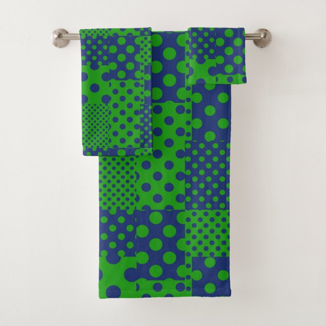 Blaue Grüne Tupfen-Patchwork  Badhandtuch Set (Insitu)