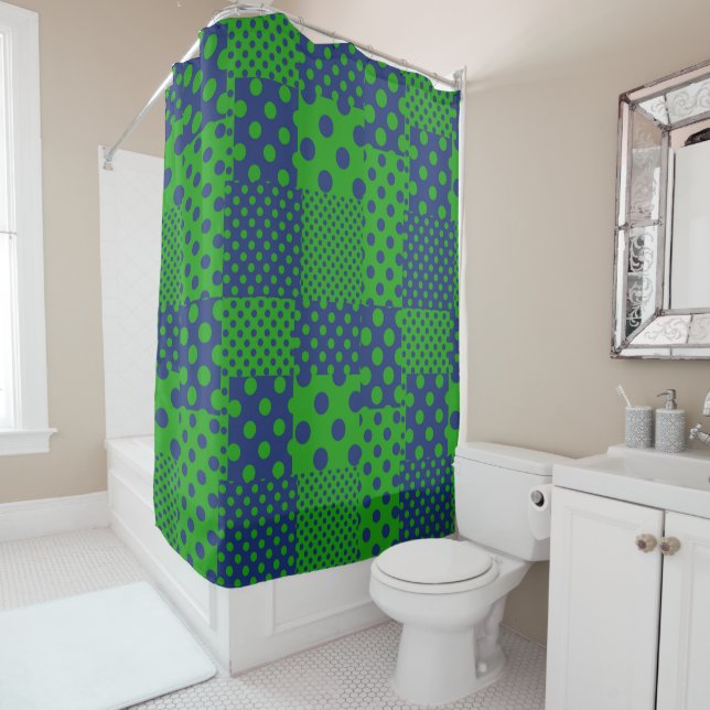 Blaue grüne Tupfen-Patchwork  Duschvorhang (Beispiel)