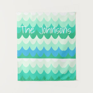 Blaue, grüne und Aquamarine geometrische Meereswel Wandteppich