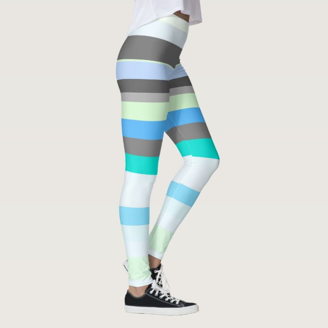 Blaue, grüne und graue Abstrakte Streifen Leggings (Rechts)