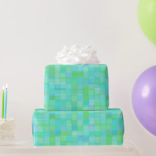 Blaue, grüne und türkisfarbene quadratische abstra geschenkpapier