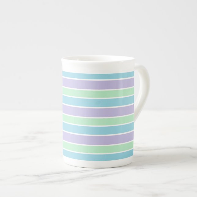 Blaue grüne und violette Pastellstreifen Prozellantasse (Vorderseite Rechts)