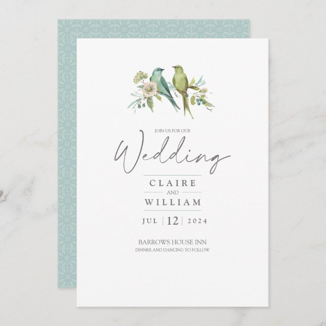 Blaue Grüne Vogelwelt Botanische Wasserfarbenhochz Einladung (Vorne/Hinten)