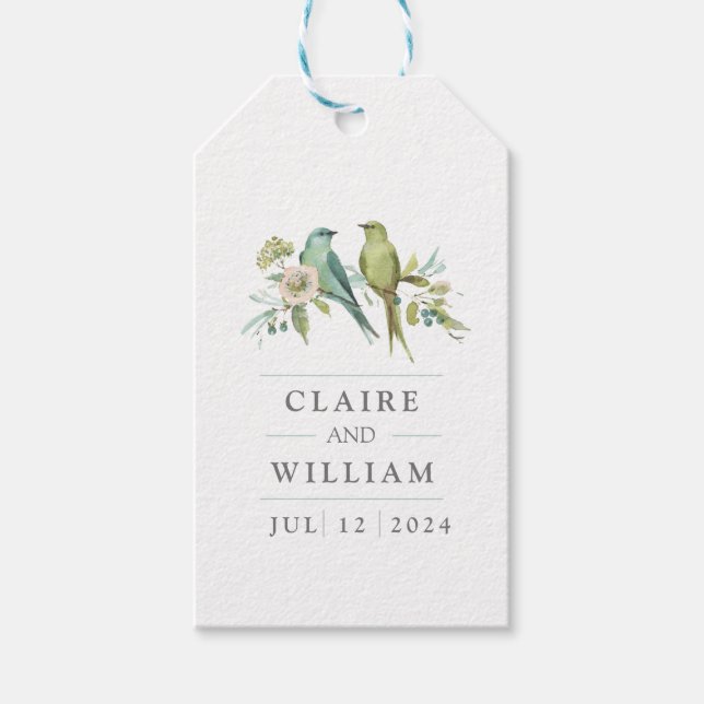 Blaue Grüne Vogelwelt Botanische Wasserfarbenhochz Geschenkanhänger (Vorderseite)