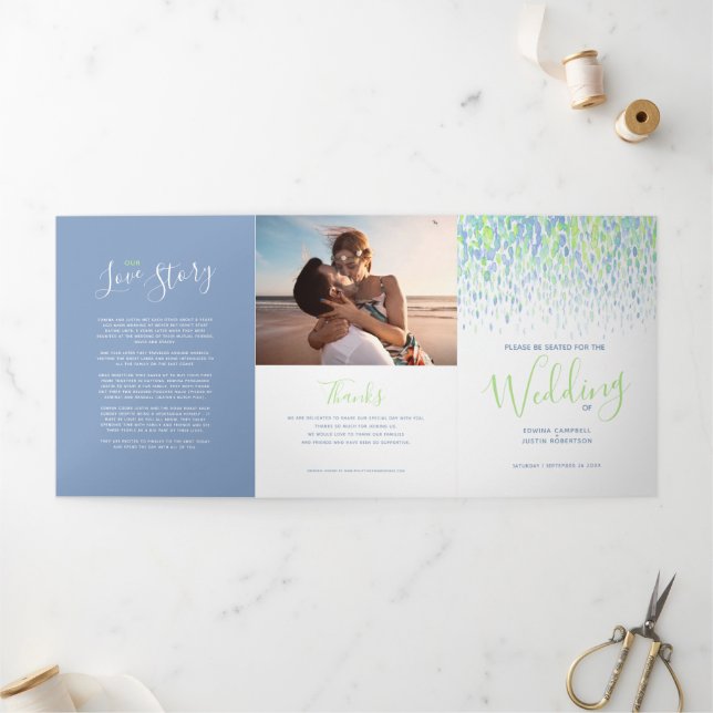 Blaue, grüne, weiße abstrakte Hochzeitsfeier Dreifach-gefaltete Programmkarte (Außenbereich)