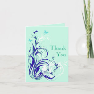 Blaue, Grüne, Weiße, Aqua Blumen Danksagungskarte Dankeskarte