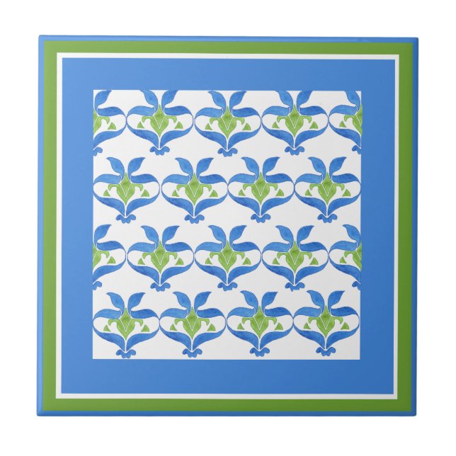Blaue, grüne Weiße Jugendstil-Muster Tile Fliese (Vorderseite)