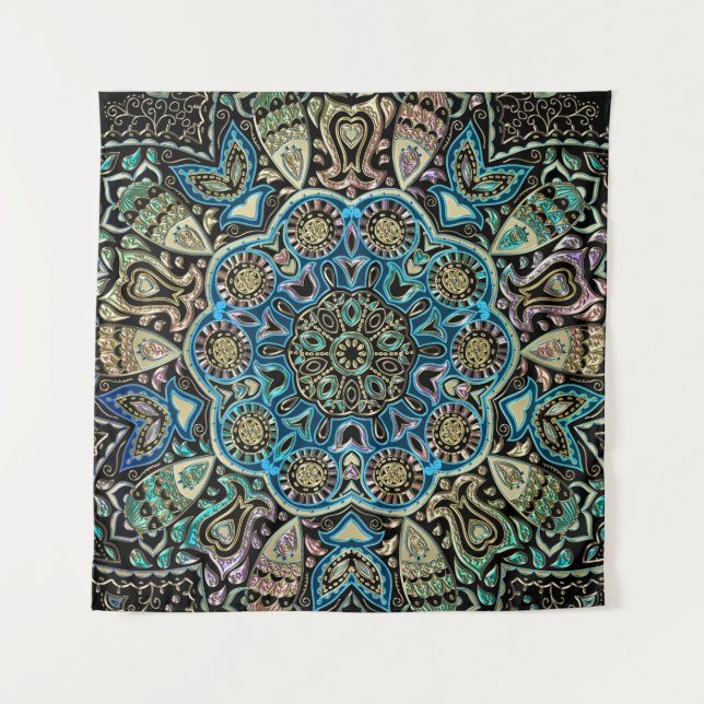 Blaue grünes GoldMandala-Wand-Tapisserie Wandteppich (Vorderseite)