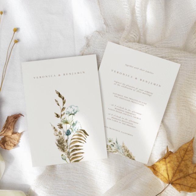 Blaue Grünpflanzen & getrocknete Pampas Hochzeit Einladung (Dusty Blue Greenery & Dried Pampas Grass Wedding Invitation)