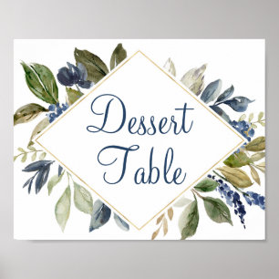 Blaue Grünpflanzen-Gold-Laub-Dessert-Tisch-Schild Poster
