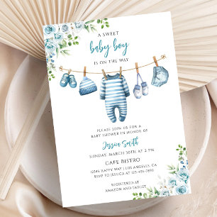 Blaue Grünpflanzen-Wäscheleine Baby Shower Junge Einladung