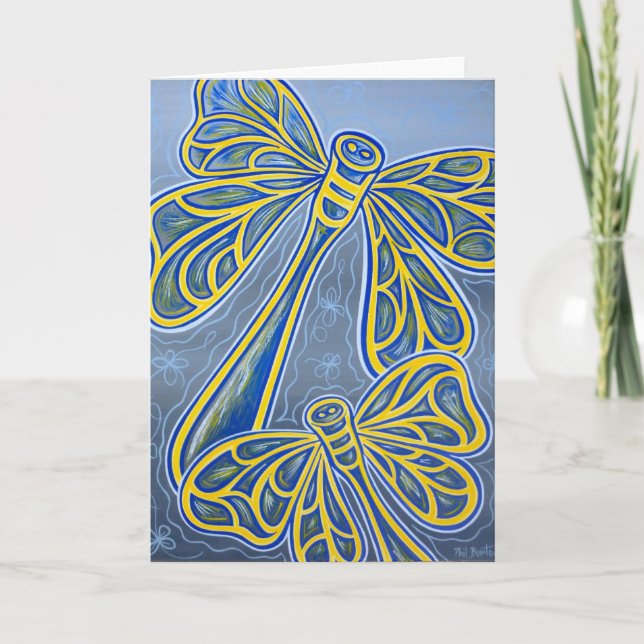 Blaue grüßende Libellen Karte (Vorderseite)