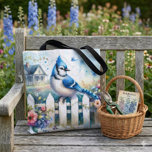 Blaue Häher Cottage-Garten Zaun Szene