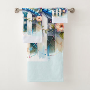 Blaue Häher-Cottage-Garten-Zaun-Szene Badhandtuch Set