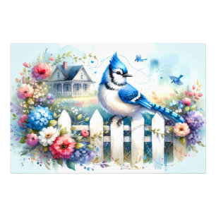Blaue Häher-Cottage-Garten-Zaun-Szene Fotodruck
